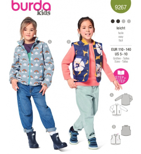 Střih Burda 9267, návod k šití: dětská softshellová bunda, vesta, fleecová mikina