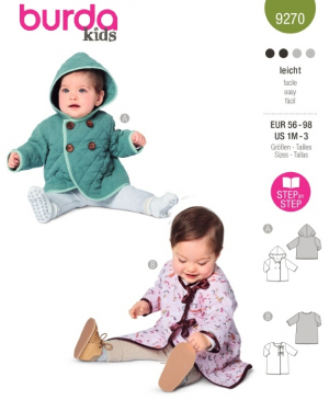 Střih Burda 9270, návod k šití: dětský kabát s kapucí, kabát se zavazováním