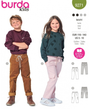 Střih Burda 9271, návod k šití: dětské kalhoty s gumou v pase a kapsami
