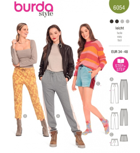 Střih Burda 6054, návod k šití: kalhoty s gumou v pase, teplákové kalhoty, šortky