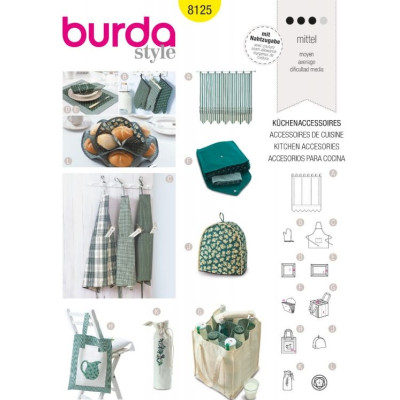 Střih Burda číslo 8125 kuchyňské doplňky, zástěra, chňapka, prostírání, závěs