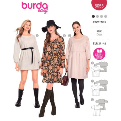 Střih Burda 6055, návod k šití: volné šaty, pohodlné šaty