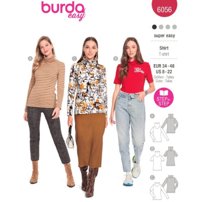 Střih Burda 6056, návod k šití: delší tričko, rolák, tričko s dlouhým rukávem