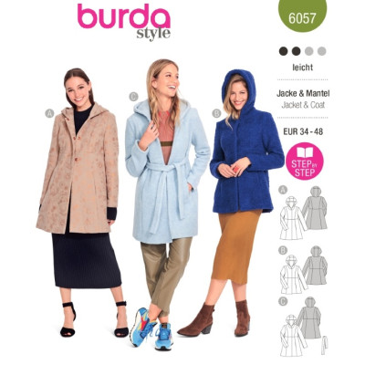Střih Burda 6057, návod k šití: áčkový kabát s kapucí, krátký kabát