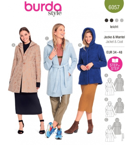 Střih Burda 6057, návod k šití: áčkový kabát s kapucí, krátký kabát
