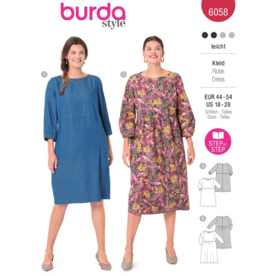 Střih Burda 6058, návod k šití: šaty pro plnoštíhlé