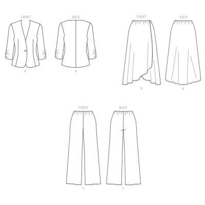 Střih Butterick 6860 kostýmek, sako, kalhoty s gumou v pase, zavinovací sukně