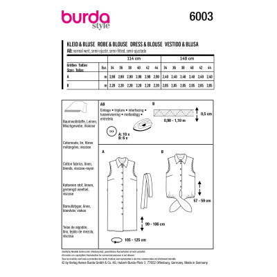 Střih Burda 6003, návod k šití: košilové šaty, košile bez rukávů