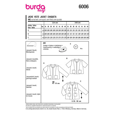 Střih Burda 6006, návod k šití: krátké otevřené sako