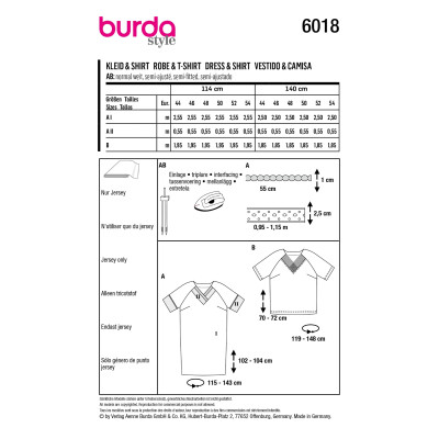 Střih Burda 6018, návod k šití: rovné šaty se zdobeným V-výstřihem, tričko