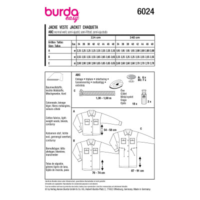Střih Burda 6024, návod k šití: košilové sako, košilový kabát