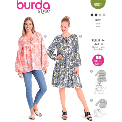 Střih Burda 6002, návod k šití: halenkové šaty, halenka