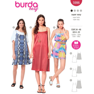 Střih Burda 5996, návod k šití: tílkové šaty, šaty se špagetovými ramínky, mini šaty