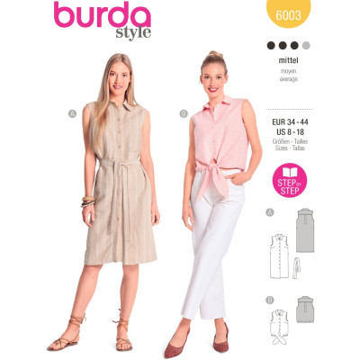 Střih Burda 6003, návod k šití: košilové šaty, košile bez rukávů