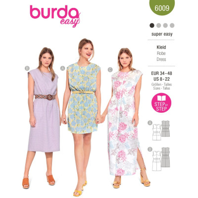 Střih Burda 6009, návod k šití: tričkové šaty s gumou v pase, maxi šaty