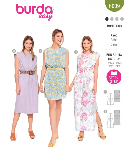 Střih Burda 6009, návod k šití: tričkové šaty s gumou v pase, maxi šaty