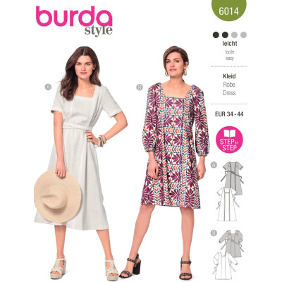 Střih Burda 6014, návod k šití: tunikové šaty s páskem, tunika, lněné šaty