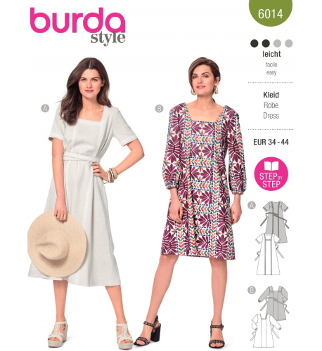 Střih Burda 6014, návod k šití: tunikové šaty s páskem, tunika, lněné šaty