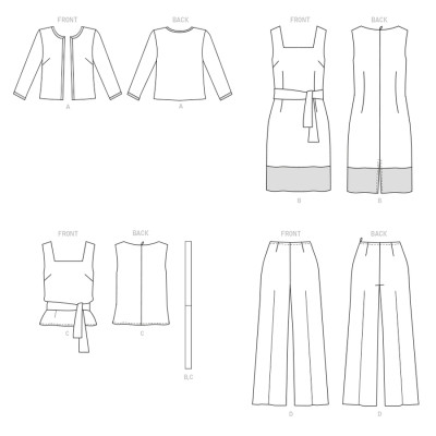 Střih Butterick 6882 šaty bez rukávů, sako, top, kalhoty se širokými nohavicemi