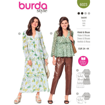 Střih Burda 6023, návod k šití: nabírané maxi šaty, halenka