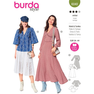 Střih Burda 6040, návod k šití: maxi šaty, tunika