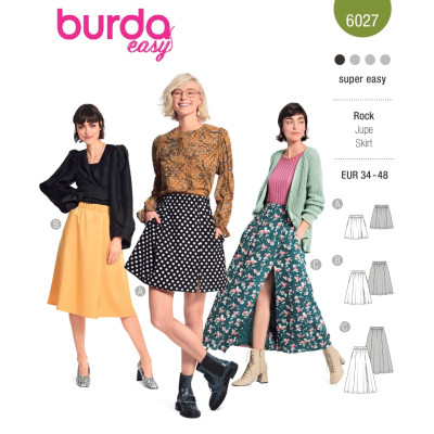 Střih Burda 6027, návod k šití: sukně s gumou v pase, dlouhá sukně
