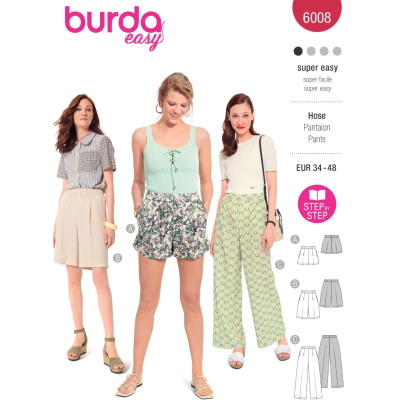 Střih Burda 6008, návod k šití: kalhoty s gumou v pase, šortky