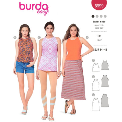 Střih Burda 5999, návod k šití: tílko, top bez rukávů
