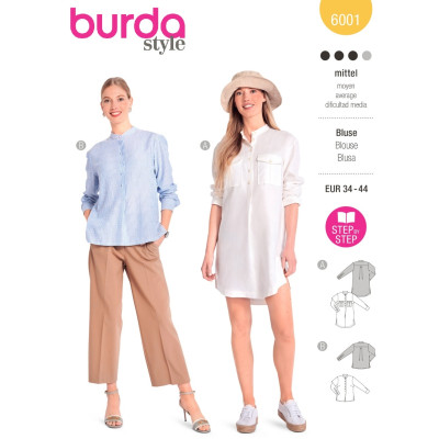 Střih Burda 6001, návod k šití: košile, dlouhá košile