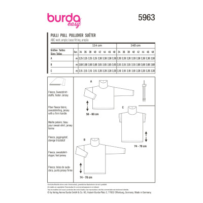 Střih Burda 5963, návod k šití: volná mikina s rolákovým límcem, fleecová mikina, rolák