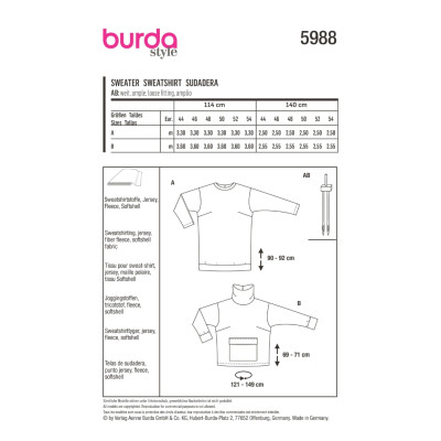 Střih Burda 5988, návod k šití: dlouhá mikina, mikina s rolákem