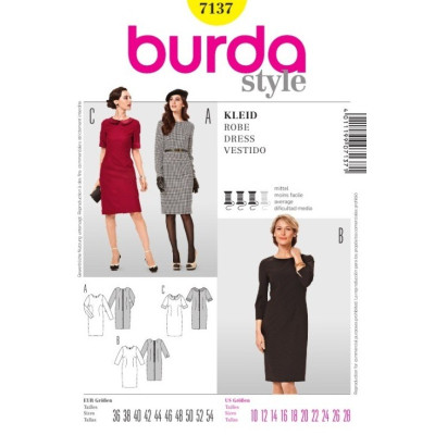 Střih Burda číslo 7137 pouzdrové šaty, šaty s límečkem