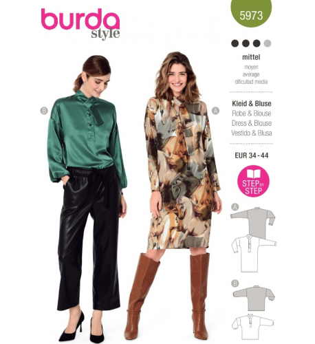 Střih Burda 5973, návod k šití: halenkové šaty se šálovým límcem, halenka