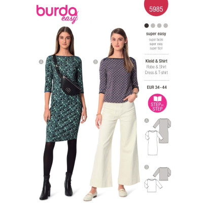 Střih Burda 5985, návod k šití: tričkové šaty, tričko s lodičkovým výstřihem