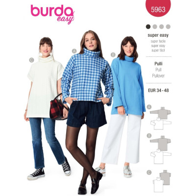 Střih Burda 5963, návod k šití: volná mikina s rolákovým límcem, fleecová mikina, rolák