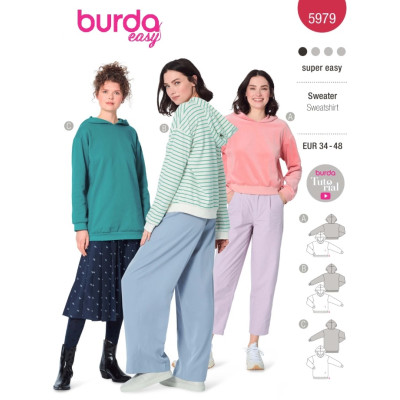 Střih Burda 5979, návod k šití: mikina s kapucí, dlouhá mikina, fleecová mikina