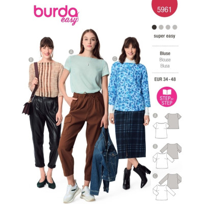 Střih Burda 5961, návod k šití: halenka, tričko s lodičkovým výstřihem
