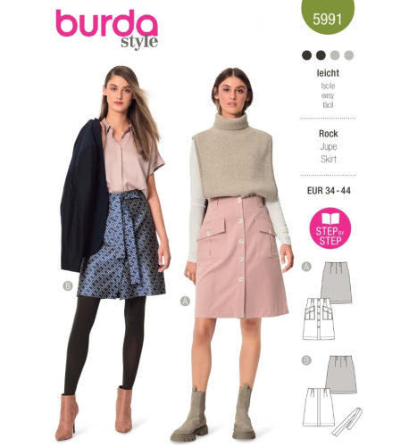 Střih Burda 5991, návod k šití: propínací sukně s vysokým pasem, áčková sukně, džínová sukně