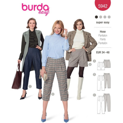 Střih Burda 5942, návod k šití: kalhoty se sklady, šortky