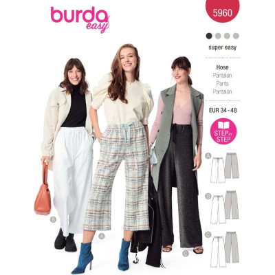 Střih Burda 5960, návod k šití: široké kalhoty s gumou v pase