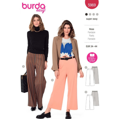 Střih Burda 5969, návod k šití: kalhoty s gumou v pase