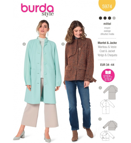 Střih Burda 5974, návod k šití: rovný kabát s jednořadým zapínáním