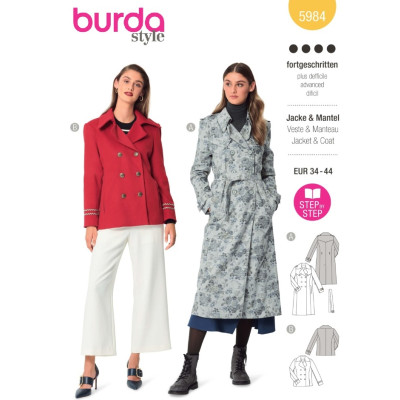 Střih Burda 5984, návod k šití: dvouřadý kabát s páskem, trenčkot, dvouřadé sako
