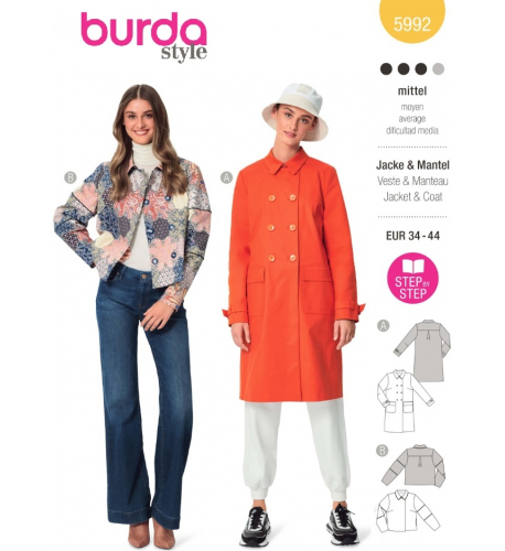 Střih Burda 5992, návod k šití: dvouřadý kabát, podzimní kabát, sako
