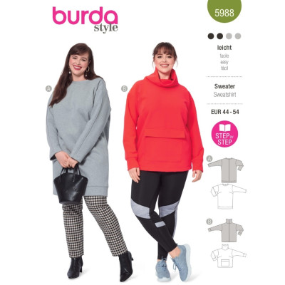 Střih Burda 5988, návod k šití: dlouhá mikina, mikina s rolákem