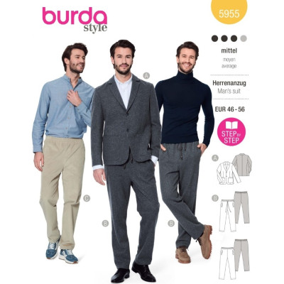 Střih Burda 5955, návod k šití: pánský ležérní oblek, sako, teplákové kalhoty