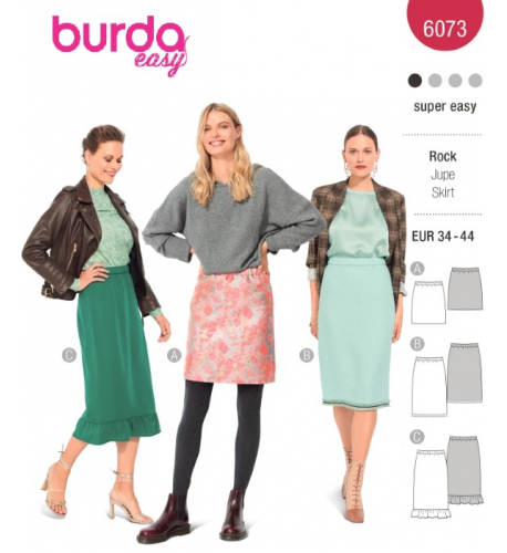 Střih Burda 6073, návod k šití: rovná sukně s gumou v pase