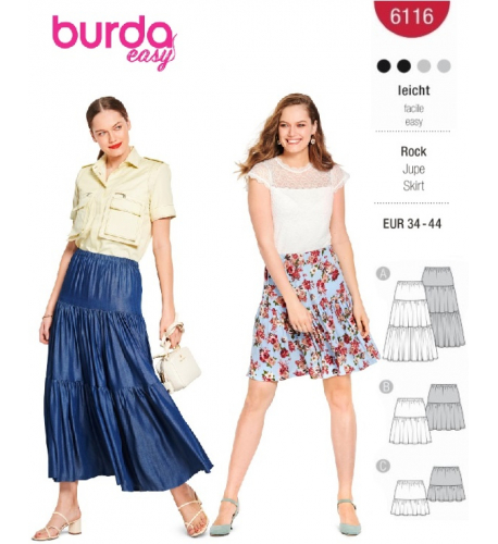 Střih Burda 6116, návod na šití: nabíraná sukně s gumou v pase, dlouhá letní sukně