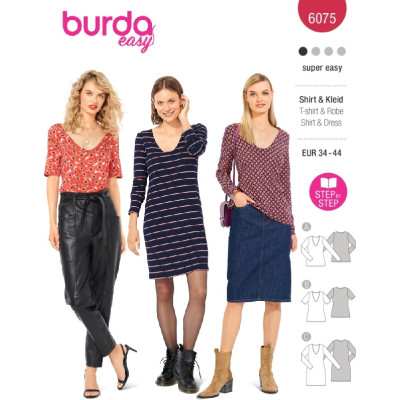 Střih Burda 6075, návod k šití: tričko, tričkové šaty
