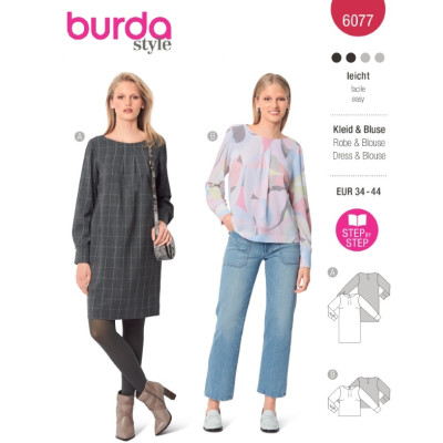 Střih Burda 6077, návod k šití: balonové šaty, halenka